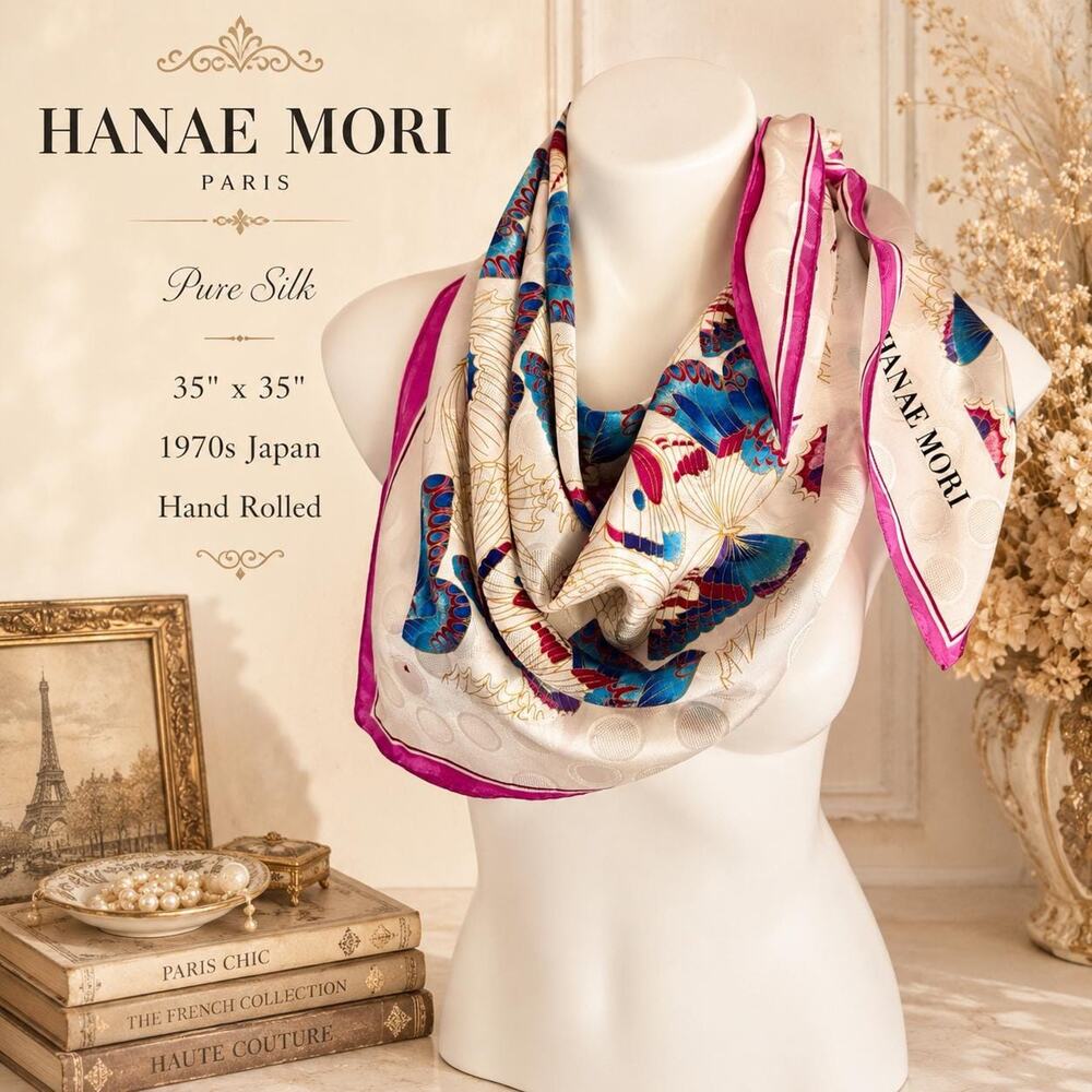 Hanae Mori Butterfly Silk Scarf 35x35 Signature Print 1970s Japan Hand Rolled